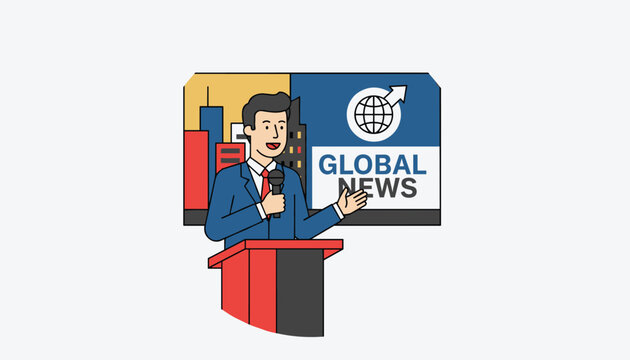 Professional news anchor speaks confidently at a podium during a global television broadcast with city graphics behind him.