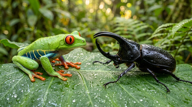 Bright green tree frog red eyes sitting face to face with large shiny black horned beetle on wet dewy broad green leaf, misty tropical forest, funny interaction two exotic animals