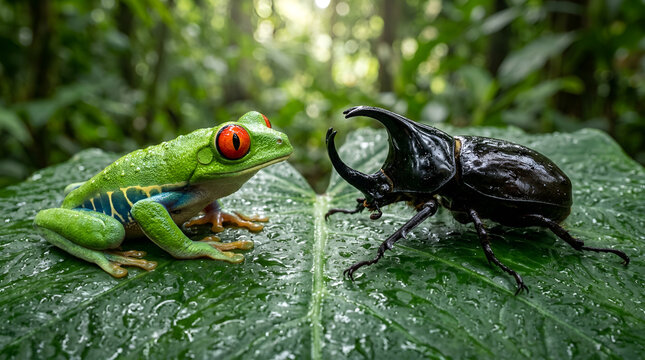 Bright green tree frog red eyes sitting face to face with large shiny black horned beetle on wet dewy broad green leaf, misty tropical forest, funny interaction two exotic animals