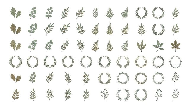 Assorted green leaf sprigs and laurel wreath icons.