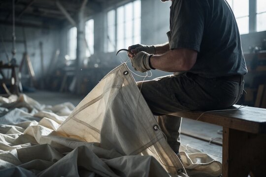 Sailmaker Hand Stitching Heavy Canvas Sail in Loft Workshop