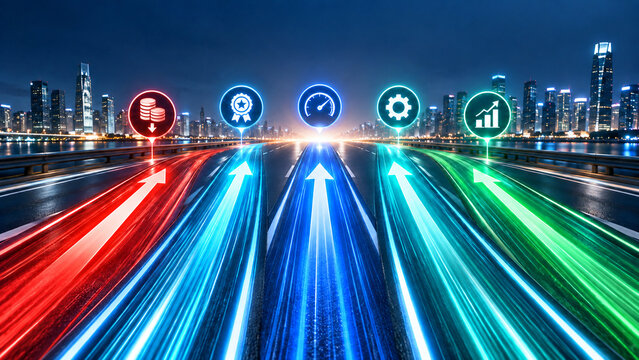 Futuristic city highway with dynamic light trails guiding digital performance metrics for cost reduction operational speed and financial growth