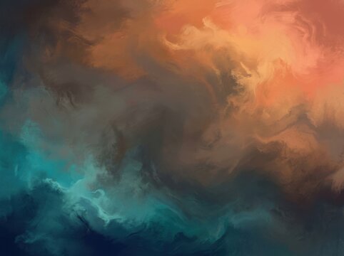 Abstract swirling colors in vibrant orange and teal hues with dark undertones suggesting cosmic nebulae or fluid dynamics
