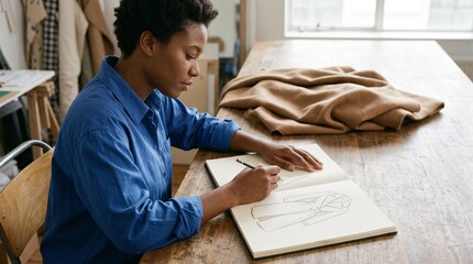 Fototapeta premium Fashion design: Black designer sketches a garment concept in a sunlit creative studio