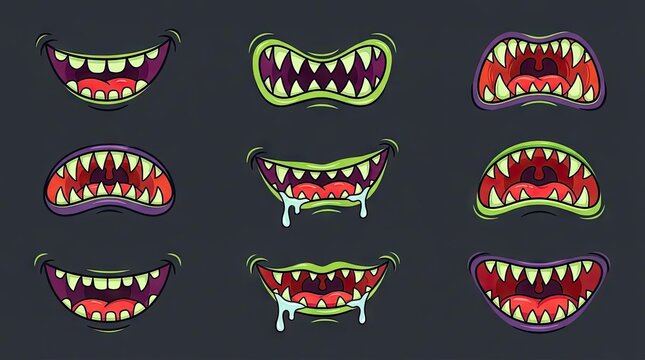 Cartoon monster mouths with sharp teeth and drool.