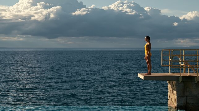 Young woman in yellow swimsuit stands on diving board ready to jump into ocean sea pier during summer day Generative AI