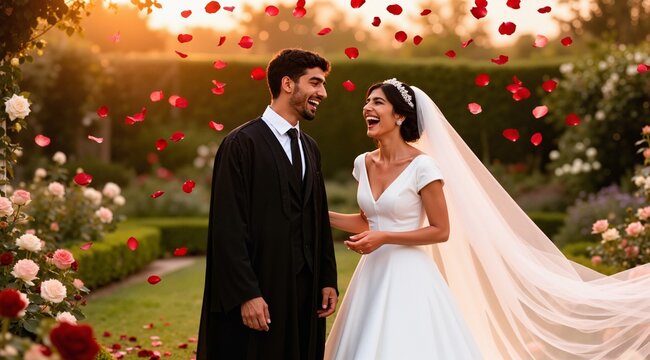 A candid portrait of a young Arab couple on their wedding day, the groom in a classic black bisht and the bride in a modern white gown with a long veil, sharing a joyful laugh, rose petals falling aro