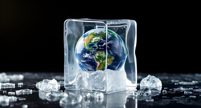 Planet earth frozen within a melting ice cube on dark background, climate change concept, global warming, eco crisis