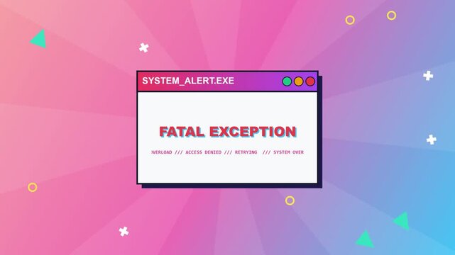 Computer system error alert message window with fatal exception message on a colorful gradient background