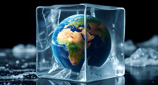 Planet earth frozen within a melting ice cube on dark background, climate change concept, global warming, eco crisis