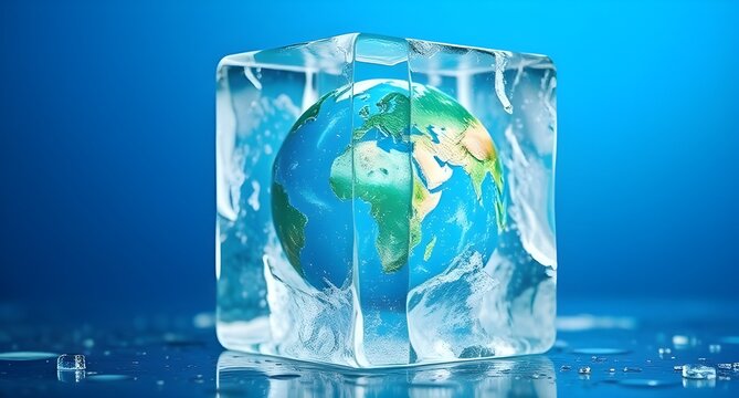 Planet earth frozen within a melting ice cube on blue background, climate change concept, global warming, eco crisis