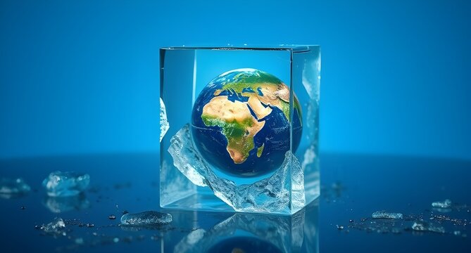 Planet earth frozen within a melting ice cube on blue background, climate change concept, global warming, eco crisis