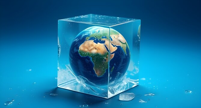 Planet earth frozen within a melting ice cube on blue background, climate change concept, global warming, eco crisis