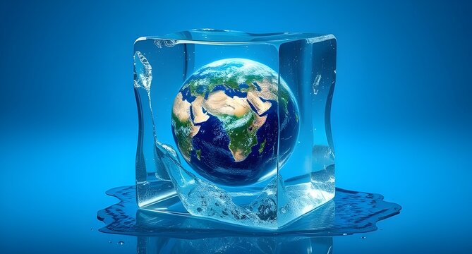 Planet earth frozen within a melting ice cube on blue background, climate change concept, global warming, eco crisis