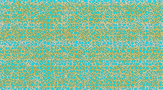 An intricate vector pattern inspired by traditional Islamic tilework, featuring interlocking geometric shapes in turquoise, gold, and white, seamlessly repeating design suitable for backgrounds, text