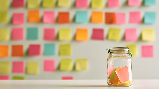 Colorful post-it notes with ideas on a large team brainstorming wall n a small jar on white