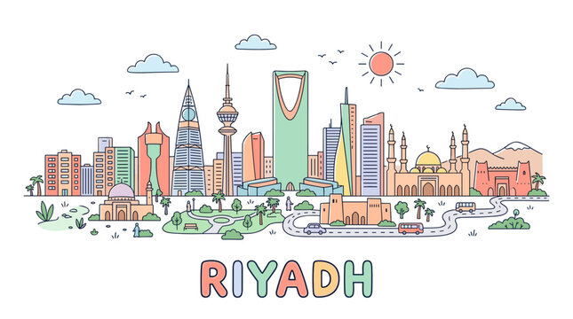 Colorful digital illustration showcasing the diverse skyline of Riyadh city with iconic skyscrapers and vibrant urban scenery