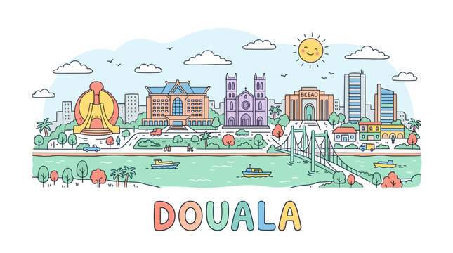Colorful illustrated cityscape of Douala showcasing landmarks, river, greenery, vibrant buildings, sky, sun, boats, bridges, and