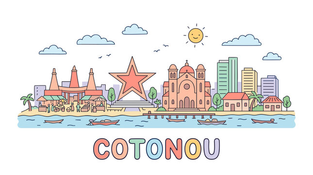 Colorful illustrated coastal scene of the city of Cotonou with buildings, boats, and lively surroundings under a sunny sky