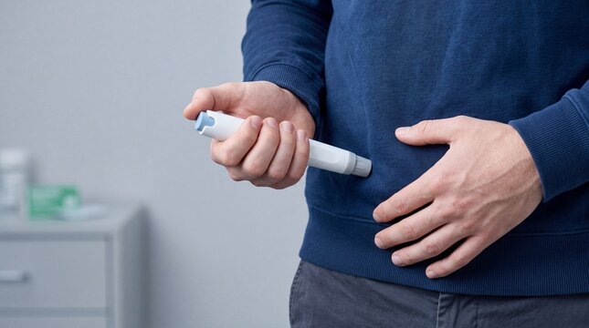 Man injecting insulin with pen, diabetes management and treatment