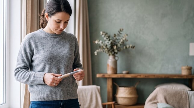 Woman looking at pregnancy test, expectation and anxiety, fertility and health
