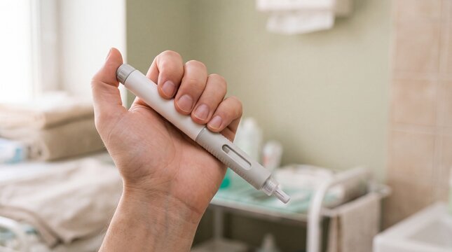 Hand holding an insulin pen, medical injection device for diabetes management, close-up, health care