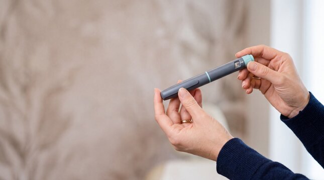 Person holding insulin pen for diabetes management, medical device and healthcare