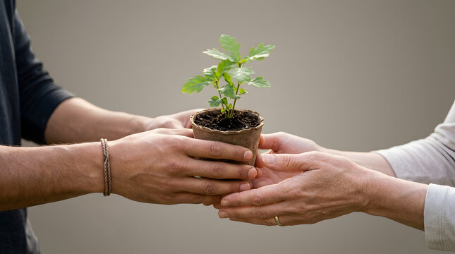 Hands supporting small green plant together