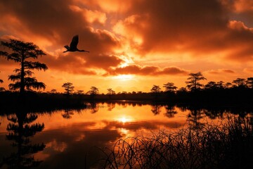 Fototapeta premium Silhouette of bird flying over water at vibrant orange sunrise. Cypress trees line lake shore, reflecting in calm water body. Peaceful morning nature scene.
