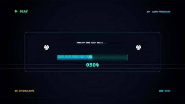 Retro VCR Loading Screen with Digital Percentage Progress Bar and Glitch Effect