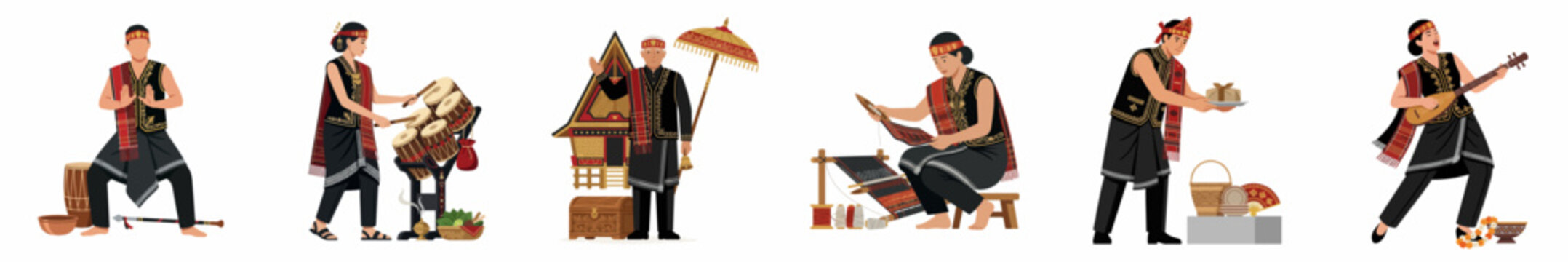 Set of flat illustrations showing traditional Batak cultural activities and people from North Sumatra Indonesia wearing Ulos ethnic clothing on white background.
