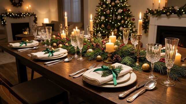 Elegant Christmas Dinner Table Setting with Festive Decorations and Candles