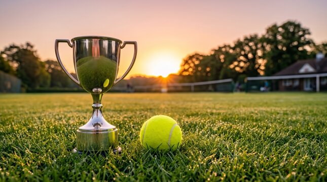 Shiny silver trophy cup and tennis ball on green grass with sunrise