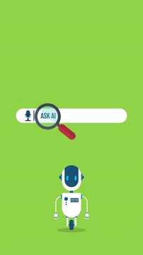 AI chatbot robot assistant with message bubbles and AI mode interface for online technology, artificial intelligence, and future communication concept.