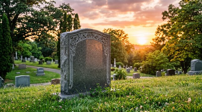 Blank decorative granite headstone at sunset in a tranquil green cemetery with warm backlighting