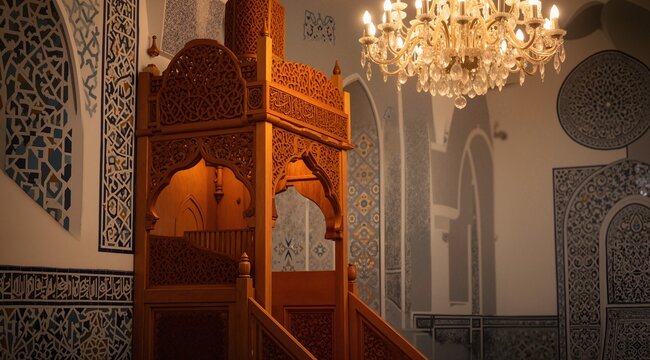 A serene close-up of a mosque interior featuring a beautifully carved wooden minbar, intricate geometric tilework on the walls, a large chandelier casting warm light, the atmosphere peaceful and spiri