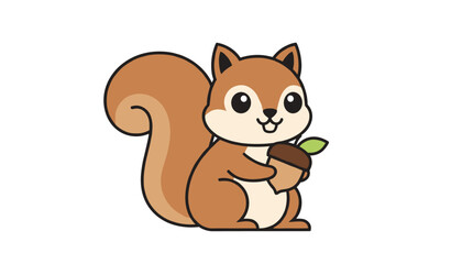 Fototapeta premium Cute cartoon squirrel holding an acorn with a tiny leaf on a white background makes an adorable woodland animal character illustration.