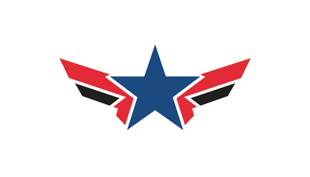 Blue star emblem with stylized red and black wings creates a dynamic superhero badge, military insignia, or patriotic vector logo.