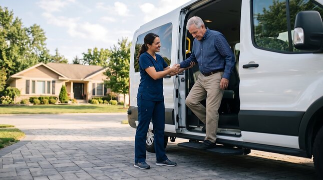 Friendly Female Nurse Helping Senior Patient Step Out of Medical Transport Van in Residential Driveway for Assisted Living and Home Health Care Service Concept