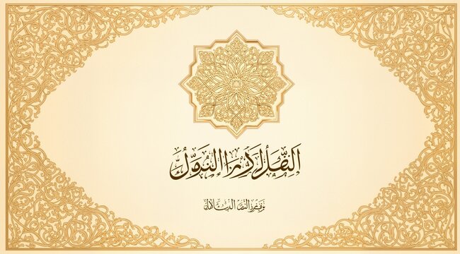 An elegant Islamic wedding invitation design featuring intricate gold arabesque borders, a central geometric medallion, and elegant Arabic calligraphy wishing the couple blessings, cream and gold colo