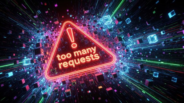 Neon triangle alert sign with text too many requests glows in digital space. Data streams and cubes explode outwards. Server overload concept.
