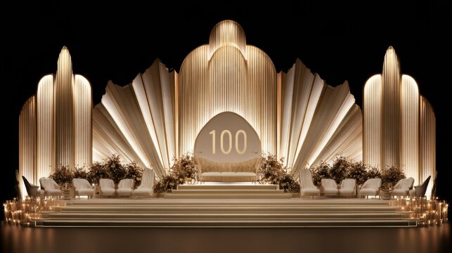 The scene shows a large scale centenary display highlighting the number 100. The design is formal, with a warm color palette and decorative elements.