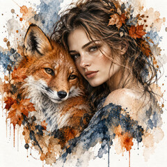 Fototapeta premium Woman and Red Fox Watercolor Portrait with Autumn Leaves