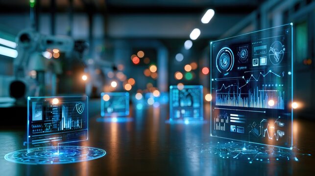 Futuristic Data Visualization with Transparent Graphs and High-Tech Elements in a Modern Industrial Setting