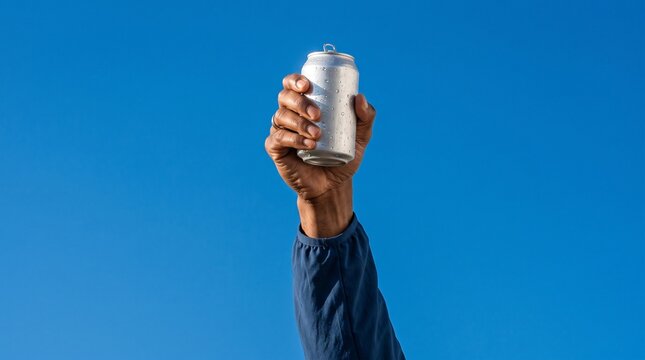 hand holding a can of pop up in the air heroically, blue background, side lighting, blank can, water droplets, up high, left hand, over head