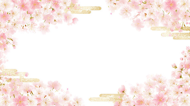 桜と金色の雲模様で周囲を彩った春の和風フレーム背景
