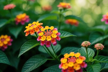 Obraz premium Close up of multicolored Lantana camara flowers blooming in garden. Bright orange pink, yellow blossoms grow on green leafy shrub. Tropical West Indian lantana plant creates colorful natural