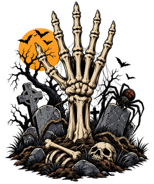 Five-Finger Skeleton Hand in Haunted Graveyard with Spider, Tombstones and Halloween Moon