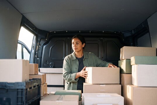 Female delivery driver organizing and checking cardboard boxes inside a cargo van for distribution