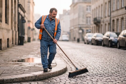 Middle-aged street sweeper in high-visibility vest cleaning cobblestone street with a push broom